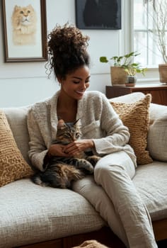 A woman in casual sits on the sofa, holding her cat and smiling at it. Ai generative.