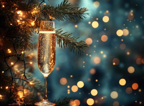 beautiful card with fir tree branches with champagne and garlands for christmas. AI generative.