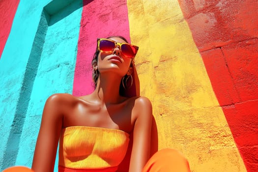 An elegant and sophisticated model  wearing a ready-to-wear collection in a vibrant pop art probabilistic color palette.Ai generative.
