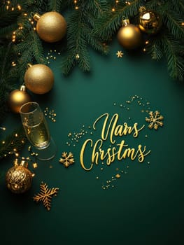 beautiful card with fir tree branches with champagne and garlands for christmas. AI generative.