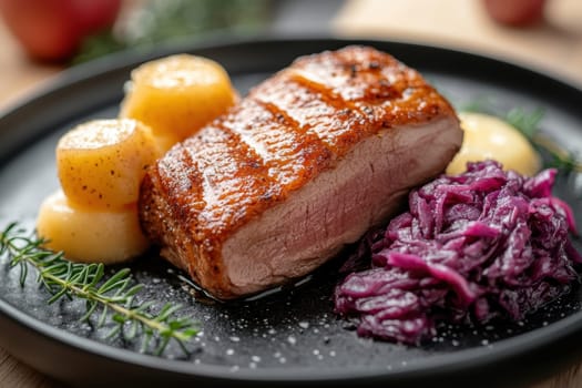 Duck fillet,red cabbage and apple mousse. AI generative.