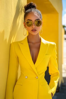 An elegant and sophisticated model  wearing a ready-to-wear collection in a vibrant pop art probabilistic color palette.Ai generative.