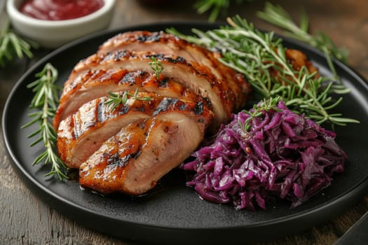 Duck fillet,red cabbage and apple mousse. AI generative.
