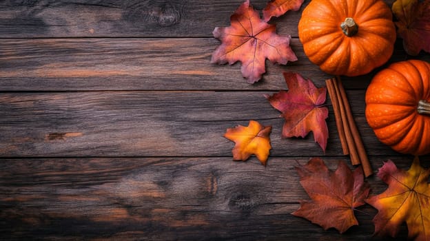 Colorful autumn leaves, pumpkins, and cinnamon sticks arranged on rustic wooden background. Fall season concept with copy space.
