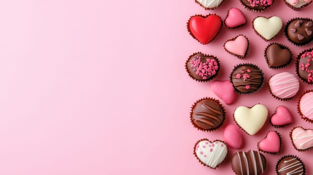 Assortment of heart-shaped chocolates and colorful candies on a pink background, perfect for Valentine's Day or romantic occasions, with copy space.