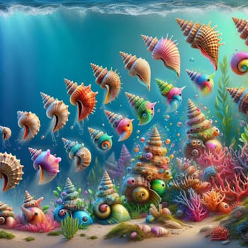 A colorful underwater scene with a variety of seashells of different shapes and sizes scattered on the ocean floor and floating in the water. A high-quality AI-generated photo.