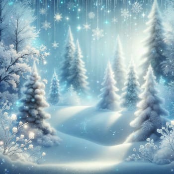 A winter wonderland scene with tall, snow-covered pine trees, a snowy ground, and sparkling snowflakes falling from a clear blue sky. A high-quality AI-generated photo.