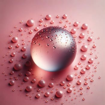 A single glass sphere, glistening with water droplets, surrounded by a ring of smaller droplets on a pink background. A high-quality AI-generated photo.