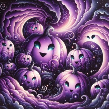 A group of purple pumpkins with glowing green eyes, floating in a purple, starry sky with swirling clouds. A high-quality AI-generated photo.