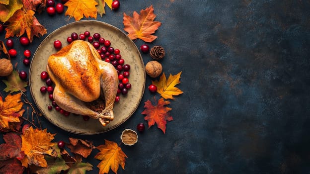 Roasted turkey on rustic plate surrounded by cranberries, autumn leaves, and pine cones. Traditional holiday feast setting with copy space on dark background.