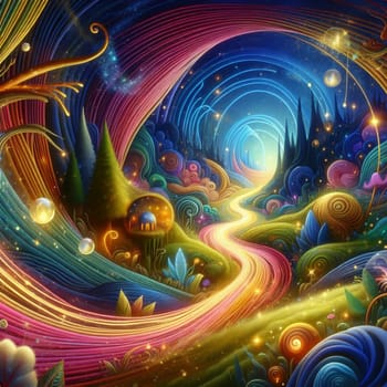 A winding path leading through a colorful, fantastical landscape with swirling clouds and glowing lights. A high-quality AI-generated photo.