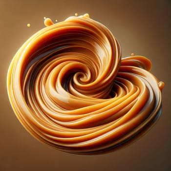 A swirling mass of caramel sauce, creating a spiral shape. A high-quality AI-generated photo.