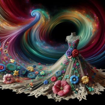 A dress with a flower-shaped skirt, on a mannequin, against a background of swirling, rainbow-colored lights. A high-quality AI-generated photo.