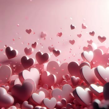 A background of many pink hearts of various sizes floating and falling in a soft pink background. A high-quality AI-generated photo.