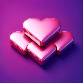 A group of shiny, pink hearts stacked on top of each other on a purple background. A high-quality AI-generated photo.