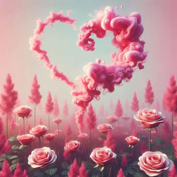 A pink cloud shaped like a heart in a field of pink flowers. A high-quality AI-generated photo.