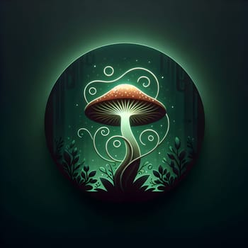 A glowing mushroom with swirling tendrils, surrounded by foliage in a green forest. A high-quality AI-generated photo.