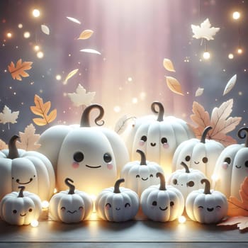 A group of white pumpkins with happy faces, surrounded by fallen leaves and glowing lights. A high-quality AI-generated photo.