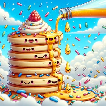 A stack of fluffy pancakes with happy faces, topped with whipped cream, a raspberry, and being drizzled with syrup. The scene is set against a blue sky. A high-quality AI-generated photo.