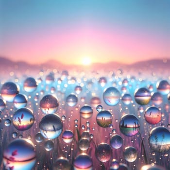 A field of grass with water droplets that reflect the sunset sky. A high-quality AI-generated photo.