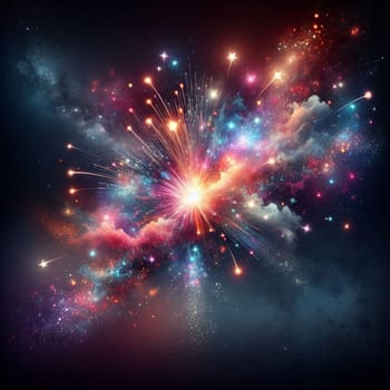 A colorful explosion of light against a starry night sky with clouds. A high-quality AI-generated photo.