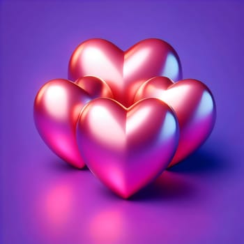 A group of shiny, pink hearts stacked on top of each other on a purple background. A high-quality AI-generated photo.