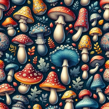 A seamless pattern of colorful mushrooms with leaves and berries. A high-quality AI-generated photo.