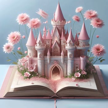 A pink castle surrounded by flowers, emerging from an open book. A high-quality AI-generated photo.
