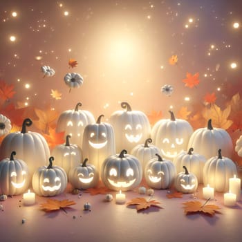 A group of white pumpkins with carved faces and glowing lights, surrounded by fallen leaves. A high-quality AI-generated photo.