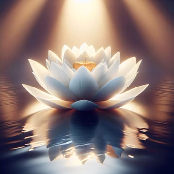 A white lotus flower with a golden center, floating on water with rays of light shining down. A high-quality AI-generated photo.