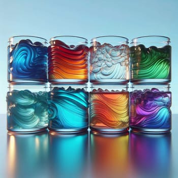 A set of glasses filled with colorful liquid that resembles waves. A high-quality AI-generated photo.