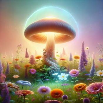 A glowing mushroom in a field of colorful flowers. A high-quality AI-generated photo.