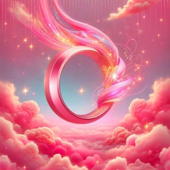 A pink ring with swirling light and stars in a pink sky with clouds. A high-quality AI-generated photo.