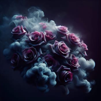 A bouquet of dark pink roses surrounded by a cloud of blue smoke. A high-quality AI-generated photo.