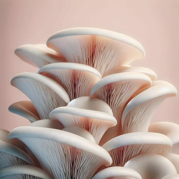 A close-up of a group of white oyster mushrooms. A high-quality AI-generated photo.