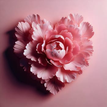 A pink peony flower arranged in a heart shape against a pink background. A high-quality AI-generated photo.