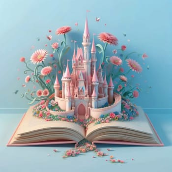 A pink castle surrounded by flowers, emerging from an open book. A high-quality AI-generated photo.