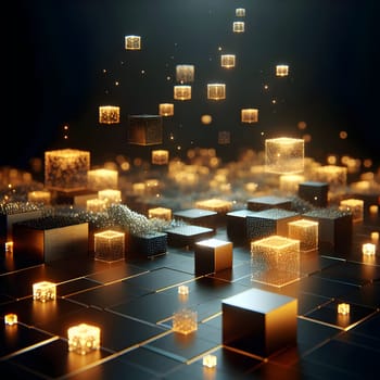 A field of glowing cubes, some floating in the air, on a dark, patterned background. A high-quality AI-generated photo.