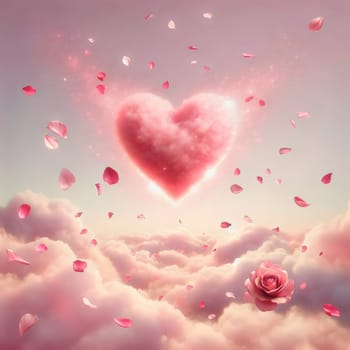 A large, pink heart-shaped cloud floating above a field of clouds and pink rose petals. A high-quality AI-generated photo.