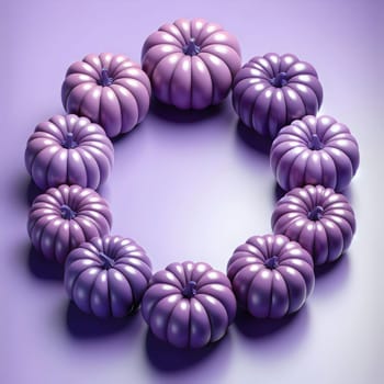 A circle of purple pumpkins on a purple background. A high-quality AI-generated photo.