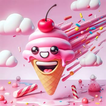 A cartoon ice cream cone with a happy face, a cherry, and melting pink ice cream, surrounded by sprinkles and candies. A high-quality AI-generated photo.