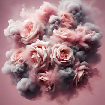 A cluster of pink roses surrounded by a cloud of pink and gray smoke. A high-quality AI-generated photo.