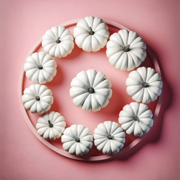A circle of white pumpkins on a pink background. A high-quality AI-generated photo.