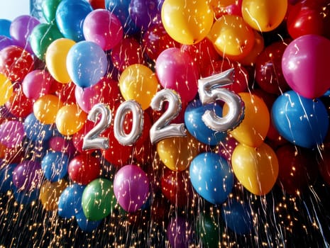 happy, new, year, number " 2025"" ballons, firework. AI generative."