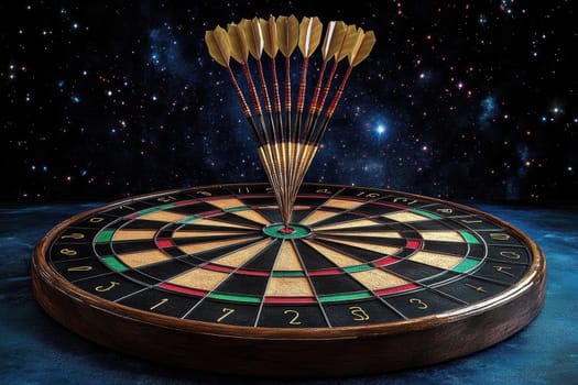 darts flying towards a circle. AI generative.