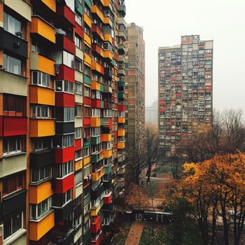 Eastern European apartment blocks. AI generative.