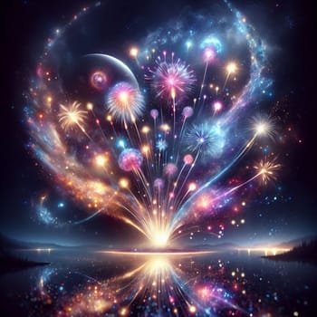A display of colorful fireworks exploding over a lake reflecting the light. The sky is filled with stars and a crescent moon. A high-quality AI-generated photo.