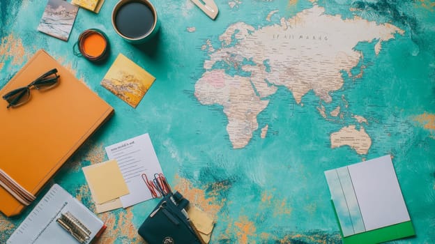 Colorful travel planning setup with world map, notebook, coffee, and various stationery items on a vibrant turquoise background.