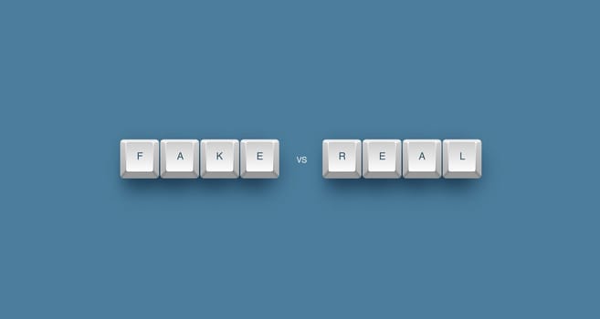 Fake vs real text on a 3d keyboard button with shadow, 3d illustration