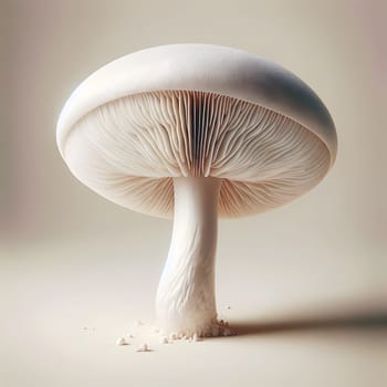 A white mushroom with a detailed cap and stem against a beige background. A high-quality AI-generated photo.